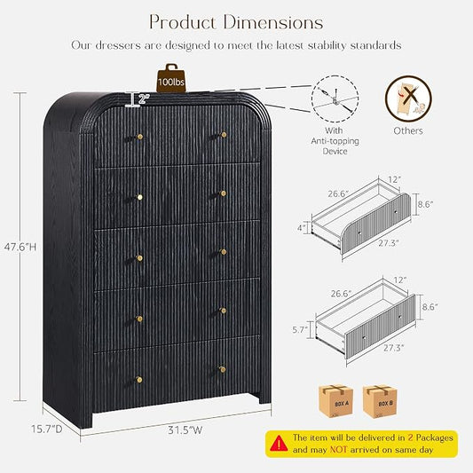 T4TREAM Fluted 5 Drawers Dresser, 48" Tall Modern Chest of Drawers with Thickened Curved Profile Design, Wood Closet Clothes Storage Organizer for Bedroom, Living Room, Hallway, Black Oak