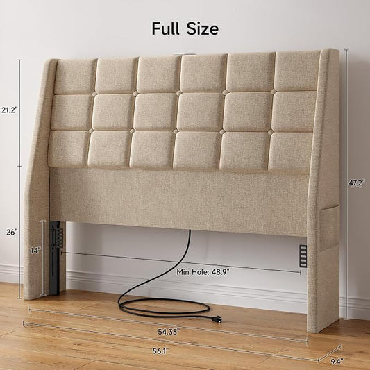 Ergonomic Upholstered Full Size Headboard w/Charging Station, Linen Wingback Headboards w/Storage Pocket, Full Headboard Only, Bed Frame Adapters, Sturdy Solid Wood Bed Head Board, Beige