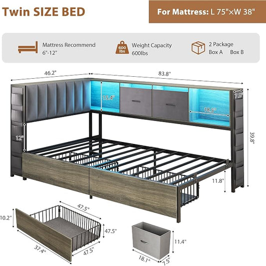 MapleGrace Twin Corner Bed Frame with Upholstered Storage Headboard and Drawers, Metal Platform Bed Frame with LED Light and Charging Station, Twin Daybed for Living Room, Bedroom & Guest Room, Gray