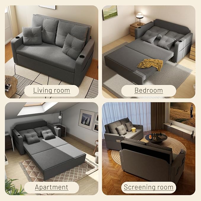 Krcix 3 in 1 Sofa Bed, 56 Inch Convertible Pull Out Couch, Loveseat Sleeper Sofa with Cup Holders, USB, Side Pockets, Multi-Function Sofa Couches for Living Room, Bedroom, Apartment, Light Grey