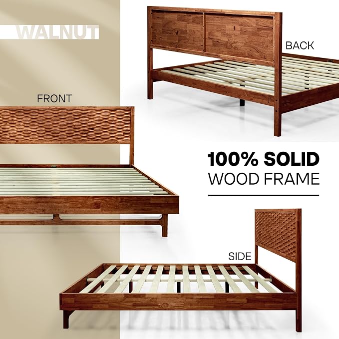 Acacia Elara Queen Platform Bed Frame – Solid Wood Mid-Century Modern Bed with Headboard, Spearhead Grain, Walnut Finish, 800lbs Support, No Box Spring, Easy Assembly with Tools