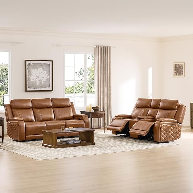 Watson & Whitely Genuine Leather Power Recliner Sofa with Console, 3 Seater Zero Gravity Reclining Sofa with Power Headrest & Flip Middle Backrest Table, Cup Holders for Living Room, Saddle Brown