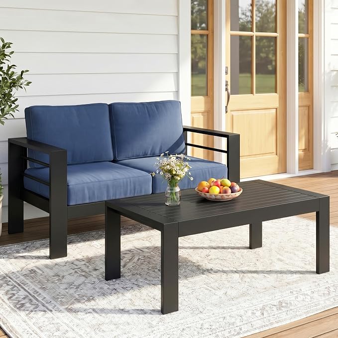 Solaste Aluminum Outdoor Loveseat with Coffee Table,2 PCS Patio Furniture Set with Cushions, All-Weather Outdoor Patio Sofa Sets for Balcony, Deck, Backyard, Porch, Garden, Blue