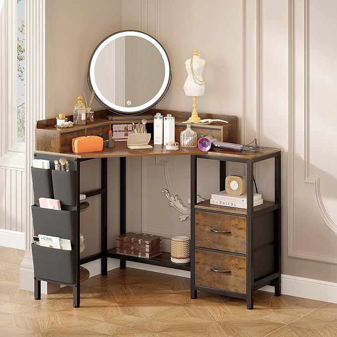 VENNQD Corner Desk with 6 Fabric Drawers Shelves for Small Space Computer Desk with Power Outlets,Gaming Desk with Printer Monitor Stand Storage for Home Office Workstation Writing Table Brown