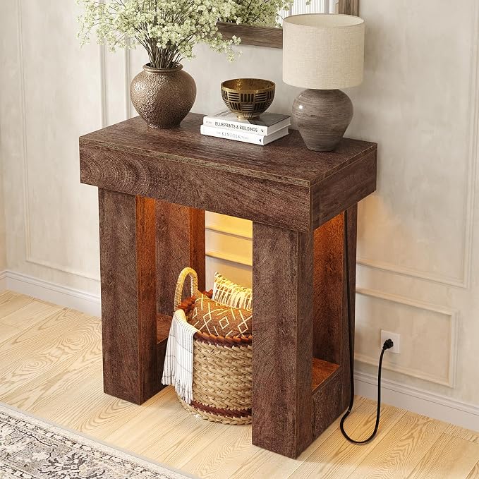 Unikito 32" Entryway Table with Socket and Sensor Light, Narrow Console Table with Storage Behind Couch, Farmhouse Entry Way Tables with Open Storage for Entrance/Hallway/Living Room