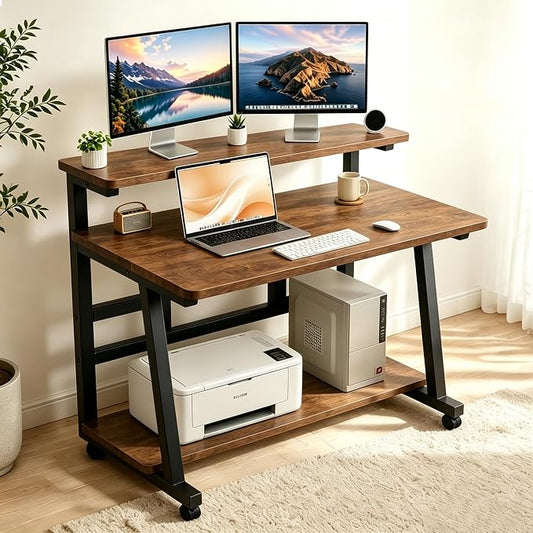 47.2 Inch Compact Rolling Computer Desk with Tier Worktable & Lockable Wheels, Small Computer Desk, Small Desk for Bedroom, Mobile Writing Workstation Easy Assembly for Home Office Small Spaces
