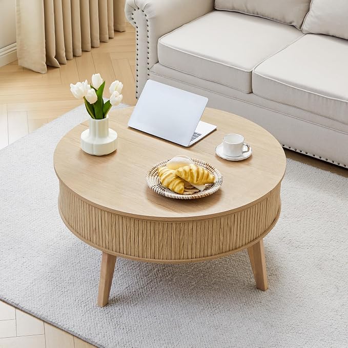 Round Lift Top Coffee Table with Storage, 35.4'' Fluted Wood Center Table Mid Century Modern Coffee Table with Lifting Top for Living Room, Office, Small Space (Natural)