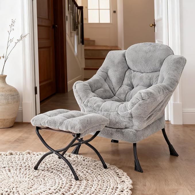 Welnow Lazy Chair with Ottoman, Modern Accent Chair with Armrests and a Side Pocket, Leisure Sofa Armchair, Reading Armchair with Footrest for Small Space, Plush Grey