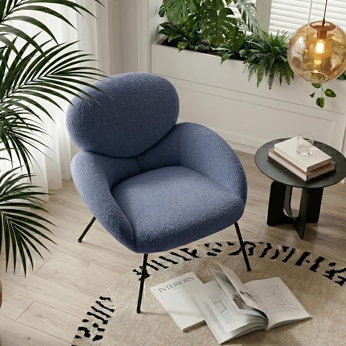 Accent Chair, Accent Chair for Bedroom, Boucle Chair (Blue) | Comfy Bedroom Chair with Love Back and Sturdy And Durable Solid-Wood Frame/ Study Room / Bedroom / Living Room /(Cream Style)
