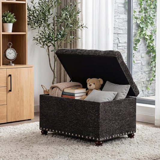 Joveco Storage Ottoman Bench, Rectangle 24" Velvet Foot Rest Stool Square Footstool for Living Room, Bedroom, Charcoal Grey