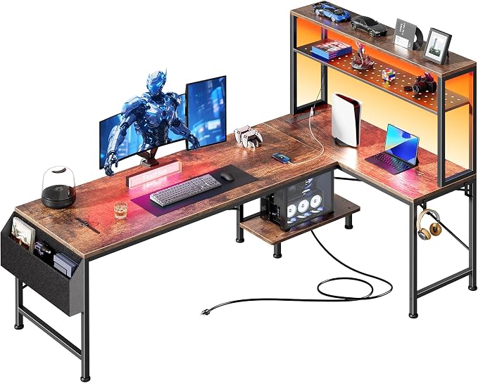 PRAISUN L Shaped Gaming Desk with LED Lights & Power Outlets, Reversible Computer Desk with Storage Shelves & Bag, Large Corner Home Office Desk with Pegboard for Work from Home, Rustic Brown