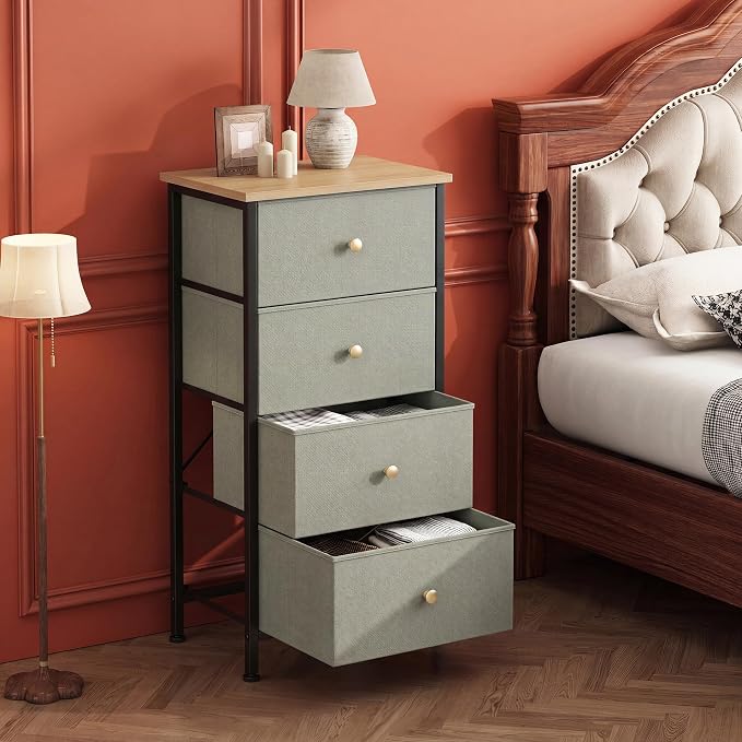 DUMOS Nightstand with 4 Drawers, Bedside Table with Removable Fabric Bins, Sturdy Steel Frame Wood Top Organizer Furniture for Bedroom Closet Living Room, Ink Green