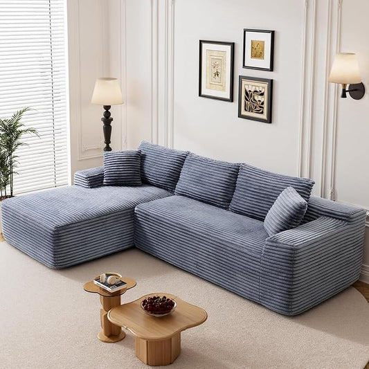 95" L Shaped Boneless Sectional Couches, Wide Armrest, Deep Seat, Memory Foam, Assembly Free, Modern Comfy Corduroy Fluffy Cloud Sofa with Left Chaise for Living Room, Small Spaces, Grey