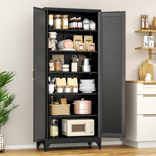 Polup 75" Metal Storage Cabinet with Doors and Shelves, Black Kitchen Pantry Cabinet, 6-Tier Freestanding Tall Storage Cabinet for Garage, Office, Bathroom, Laundry Room, Dining Room