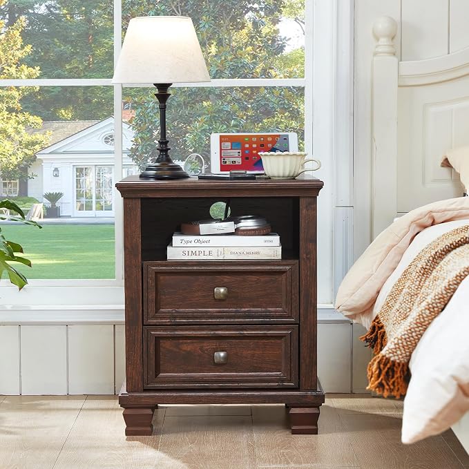SAVOR LIFE Farmhouse Nightstand Set of 2 with Charging Station, Rustic Brown Nightstand, 2 Drawers End Table, Bedside Table with Open Shelf for Bedroom, Walnut