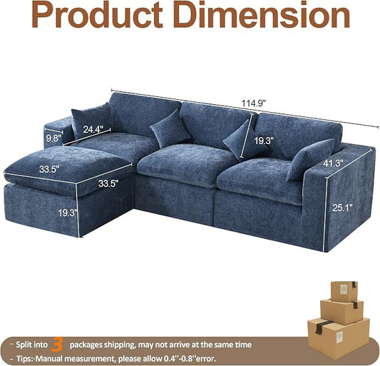 115''Cloud Boneless Sectional Couch, Modular Sectional Sofa Deep Seat with Ottoman, Oversized Upholstered Convertible Comfy 4 Seater Chenille Sofa L Shape Couches for Living Room, Blue