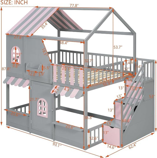 Merax Full Over Full Wood House Bunk Bed with Storage Staircase & Shelves, Floor Multifunction Bunk Bed with Full Length Gardrails for Bedroom,Playhouse Design, Roof & Door, Space Saving, Gray+Pink