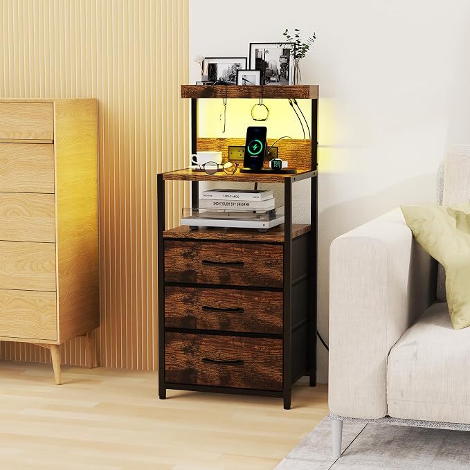 SZLHANJZ Night Stand, Nightstand with Charging Station, 3 Drawers Night Stand with Storage and LED Lights, 3 Shelves and Hooks, End Side Table for Bedroom, Rustic Brown