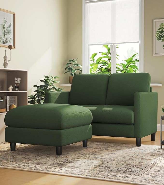 Welzona Loveseat, 51" Small L Shaped Couch, Comfy Teddy Love Seat with Ottoman Set, Tool-Free Setup Loveseat Sofa with Ottoman, All-Wood Small Sofa Couch for Bedroom, Couch for Living Room, Green
