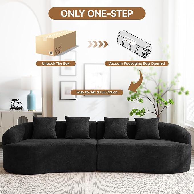 110" Boneless 4 Seater Sofa Couch, Modern Oversized Curved Cloud Sofa, Chenille 4-Seater Deep Seat Sectional Couches for Living Room, No Assembly, Black