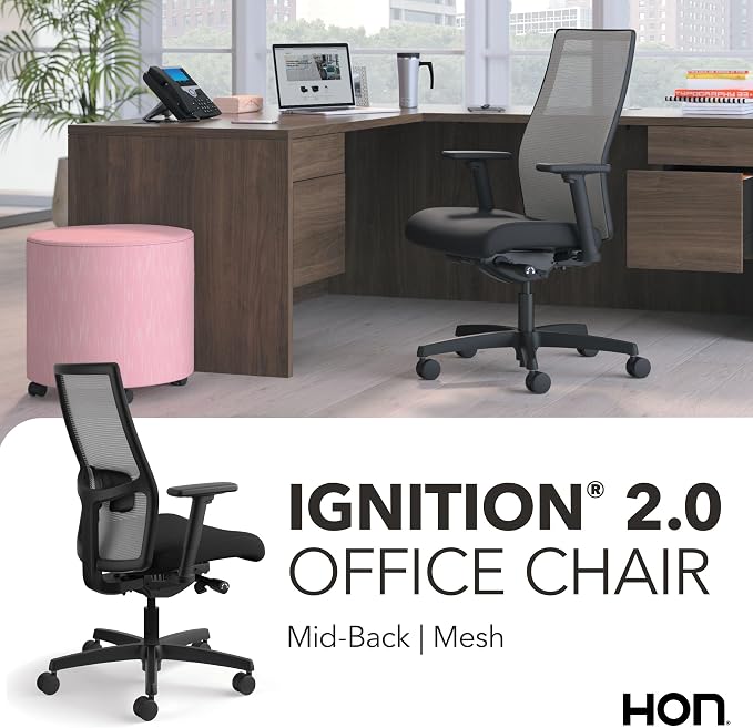 HON Ignition 2.0 Mid‑Back Ergonomic Office Chair, Mesh Task Seating with Lumbar Support, Advanced Synchro‑Tilt, Height and Width Adjustable Arms, Black Frame, Fog