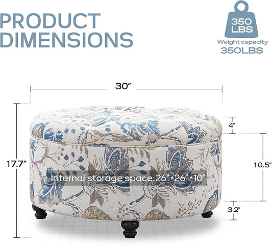 HUIMO 30-Inch Round Storage Ottoman, Modern Button Tufted Coffee Table with Removable Top, Upholstered Ottoman with Storage Footrest Stool for Living Room, Bedroom and Office(Blue Flower)