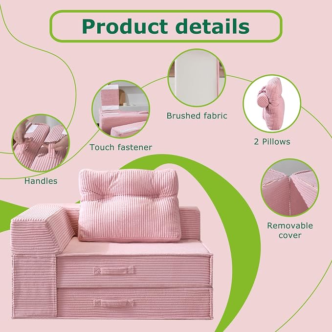Folding Sofa Bed, 4 in 1 Convertible Sleeper Chair with Pillow, Standard Memory Foam Fold Out Chair Bed, Modern Floor Futon Sofa Couch Mattress for Living Room/Guest/Apartment, Pink