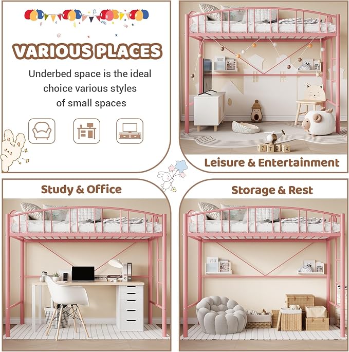 GarveeHome Loft Bed Twin Size, Heavy Duty Metal Loft Bed Frame with Arched Guardrail and Safety Ladder, Space-Saving, No Box Spring Needed, Modern Pink