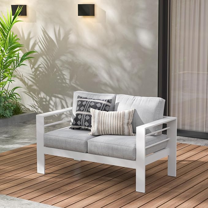 Wisteria Lane Aluminum Outdoor Sofa, Loveseat Sofa Patio Couch All-Weather Rust-Proof Modern Metal Patio Furniture with 5" Thick Olefin Cushions, Light Grey