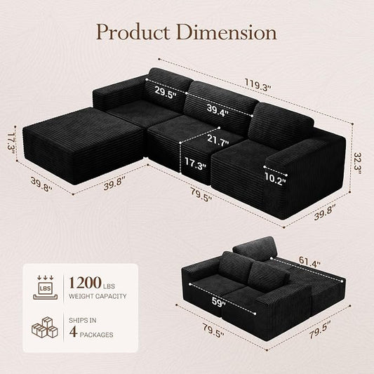 Vesgantti 119" L-Shaped Modular Sectional Sofa, Corduroy Cloud Couch with Deep Seating & Spring Support, Flexible Layout Sofa with Ottoman, Boneless Style, No Assembly Required, Black