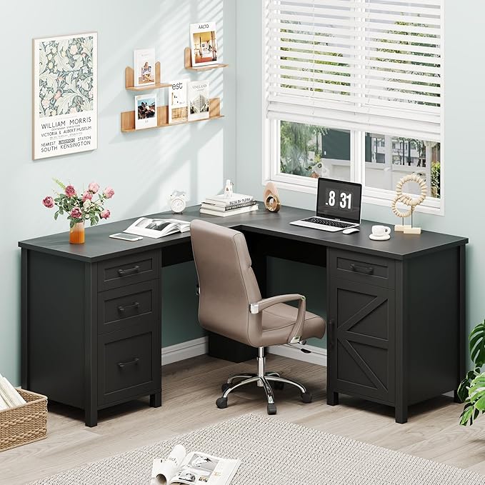 Vabches 59” L Shaped Executive Desk with Power Outlets, Farmhouse Home Office Desk with File Drawer,Storage Cabinet, Wood Corner Sturdy Writing Workstation.Black