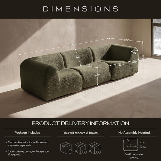 110" 3-Seater Modular Sectional Sofa, Sherpa Cloud Couch with Deep Seat Comfort, Boneless Curved Sofas with High-Density Foam Strong Support, Modern Cozy Sofa for Living Room – No Assembly, Green