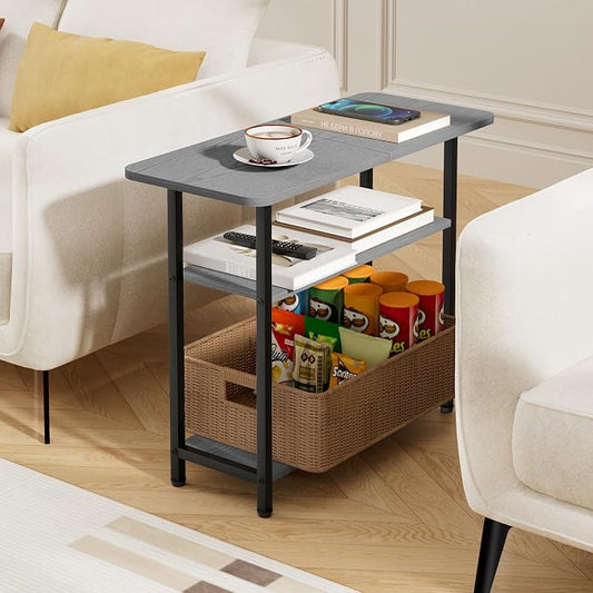 SLEEPING LAMB Side Table for Living Room, 3-Tier End Table for Small Space with Wide Storage Tabletop, Narrow Nightstand for Bedroom, Sofa Couch, Grey