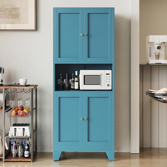 69" Tall Metal Pantry Cabinet with Microwave Stand,Microwave Storage Cabinet with 4 Doors & 3 Adjustable Shelves for Kitchen (4doors-Blue, 13.78" D x 27.54" W x 68.9" H)