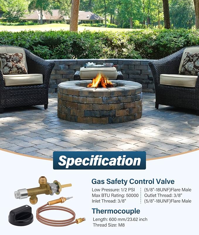 WADEO Low Pressure LPG Propane Gas Fireplace Fire Pit Flame Failure Safety Control Valve Kit, Low Pressure Propane Fire Pit Replacement Part with 3/8" Flare Inlet & Outlet