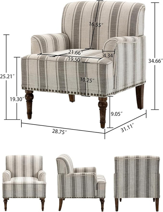 Accent Chair, Mid Century Modern Comfy Armchair for Living Room, Linen Fabric Single Sofa Lounge for Reading Bedroom Apartment Waiting Room with Wood Legs (Grey Stripe, Set of 1)