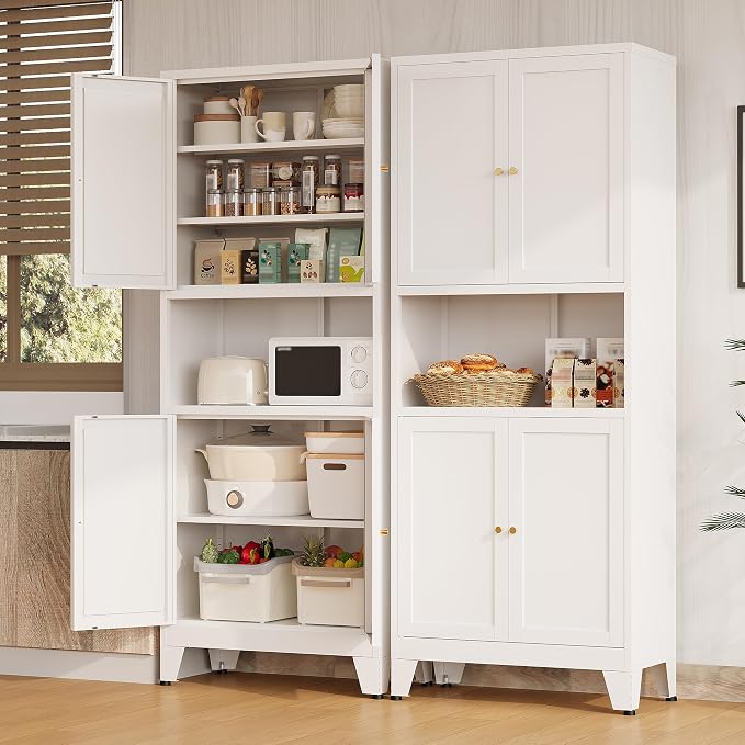 Metal Storage Cabinet, 69" Tall Bathroom Cabinets with 4 Doors & 3 Adjustable Shelves Large Cupboard, White Metal Pantry Cabinets for Kitchen, Home Office, Garage, Warehouse