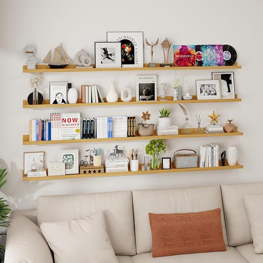 Axeman 72 Inch Floating Shelves | Oak Picture Ledge Shelf Set of 4 | Rustic Wood Wall Shelves with Lip | 72" Oak Picture Shelves for Wall with Ledge | Photo Shelves