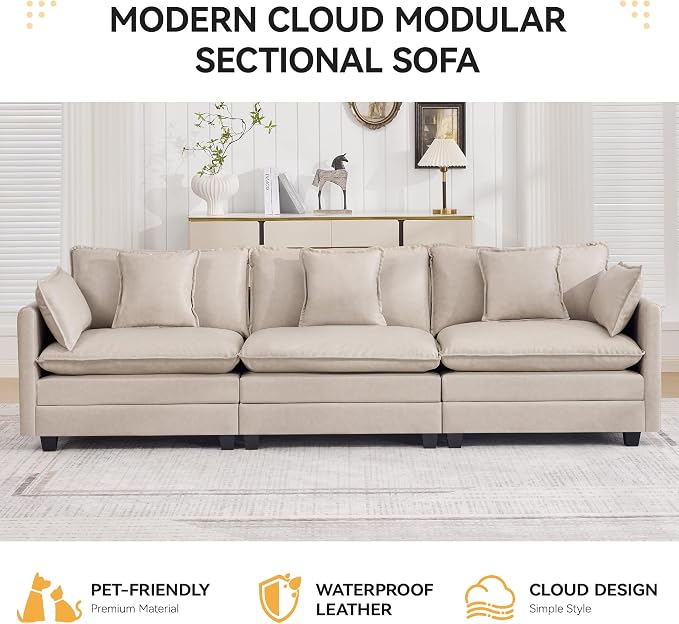 111'' Sectional Cloud Deep Seat Couch, Modern Comfy Leather Modular Sectional Sofa for Living Room Set, Upholstered Modular 3-Seats Sofa Couch, Leather Beige
