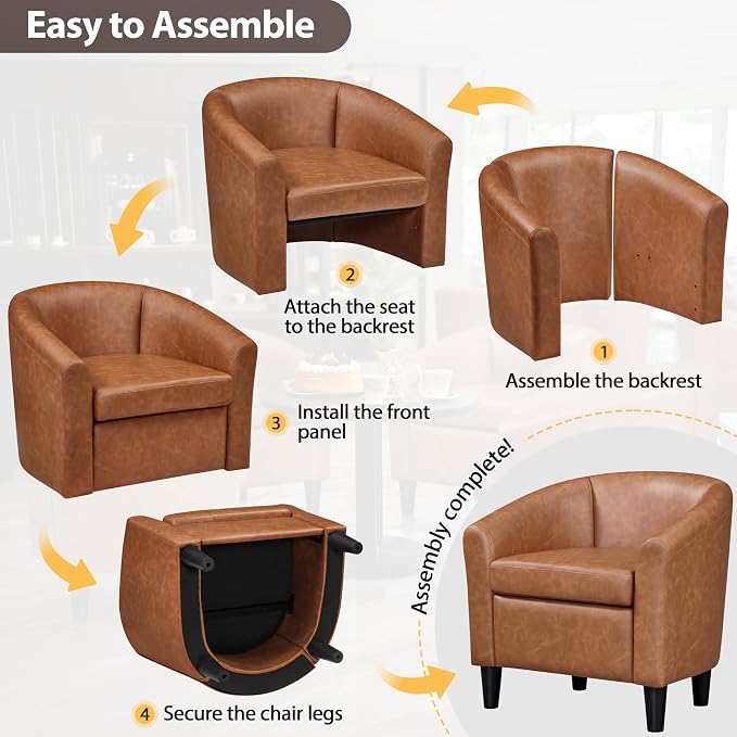 Topeakmart Leather Accent Chair, PU Leather Modern Barrel Chair Club Armchair with Soft Padded for Living Room Bedroom, Brown, Set of 2