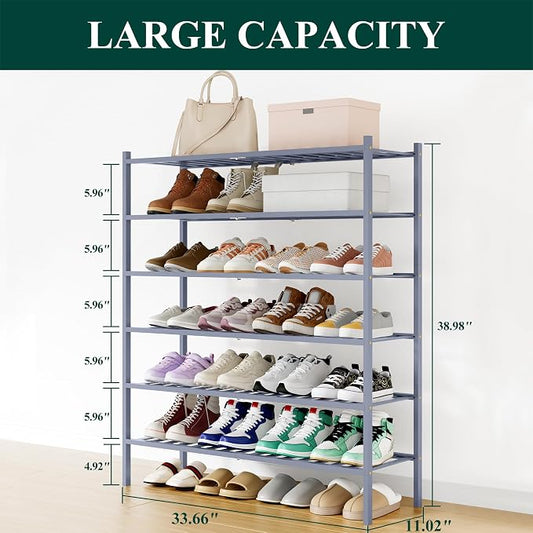 Smiry Long Bamboo Shoe Rack, 6 Tier Free Standing Wooden Shoe Organizer, Stackable Wood Shoe Storage Shelf for Closet, Entryway, 12 Vertical Slats, 2+2+2 Stack Standard Legs, 33.7"x11"x39", Grey