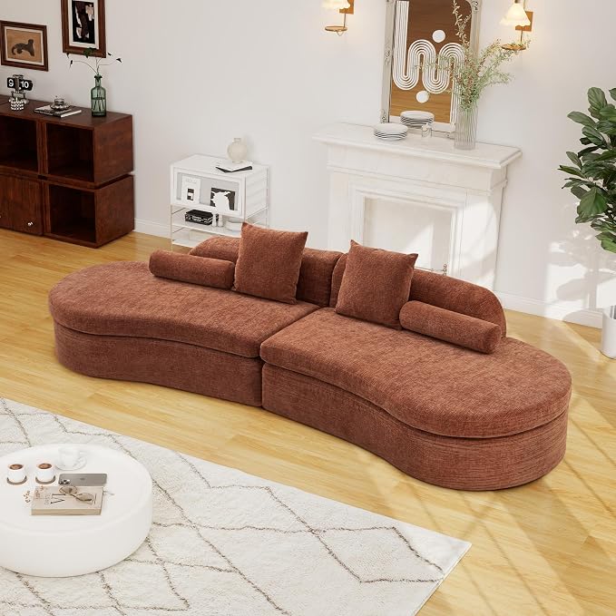 126" Curved Modular Sectional Sofa, Chenille Upholstered Cloud 4 Seater Couch for Living Room, No Assembly Modern Love Seat Sofa with 2 Bolster Pillows & 2 Square Pillows, High-Density Foam, Orange