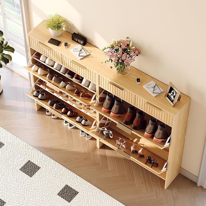 VINGLI Fluted Shoe Cabinet for Entryway, Slim Shoe Storage Cabinet with 2 Flip Drawers & 2 Top Drawers, Modern Hidden Shoe Rack Organizer with Adjustable Shelves, Narrow Freestanding Console, Oak