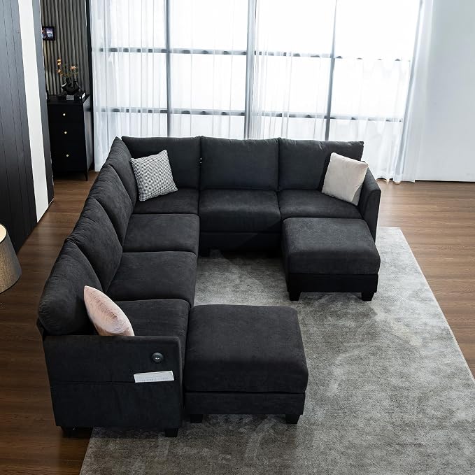 122.8" Large Sectional Couches for Living Room, 6 Seater L Shaped Modular Sectional Sofa with Two Storage Ottomans & USB, Oversized Corner Couch for Living Room(Black)