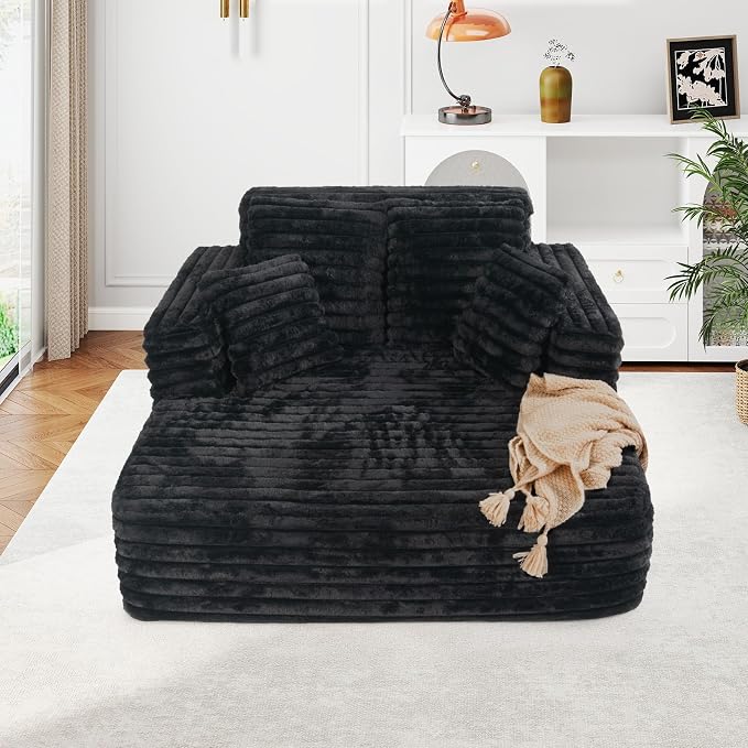 JEEOHEY 56" Oversized Chaise Lounge Chair Indoor,Plush Faux Fur Sleeper Sofa Couch Bed with Pillows&Wide Armrests,Fluffy Comfy Cloud Couch,Compression Foam Couch for Living Room,Bedroom(Black)
