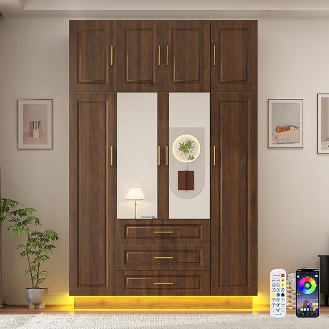 Hlivelood Large Armoire Wardrobe Closet Cabinet with Drawers and LED Lights, Multi-Tier Shelves, Hanging Rod, Large Capacity Storage 4 Door Wardrobe Armoire with Top Cabinet for Bedroom, Brown