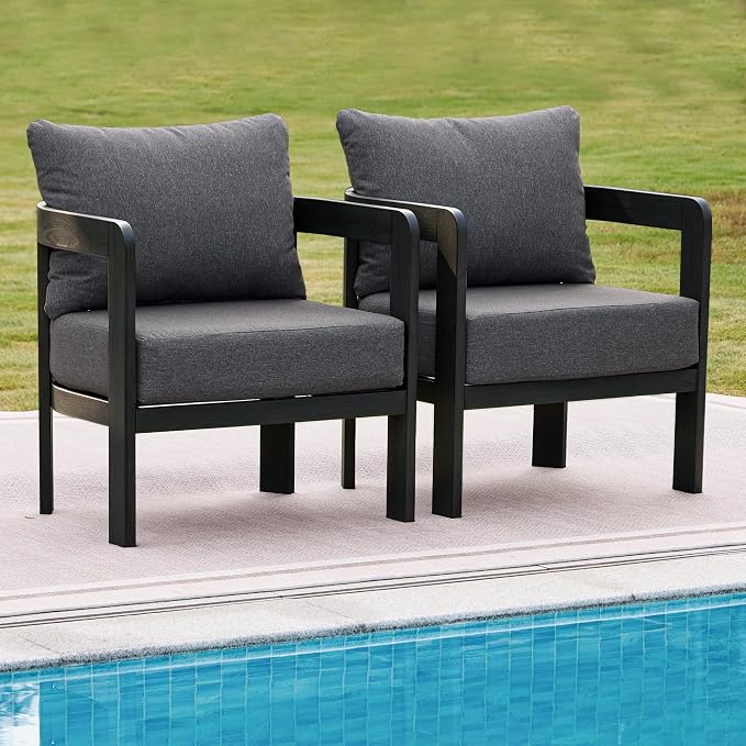 Outdoor Furniture Set, 2Pcs Patio Armchairs, Metal Modern Outside Furniture with 6'' Thick Cushions, Outdoor Conversation Set Balcony Chairs for Backyard, Porch,Deck, Black&Grey
