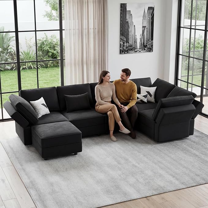 Vesgantti Sectional Couches with Storage Seats, 92" V Shaped Convertible Modular Sectional Sofa, 5 Seat & 1 Ottoman Velvet Storage Chaises Deep Seat Couch for Living Room, Bedroom, Apartment, Black
