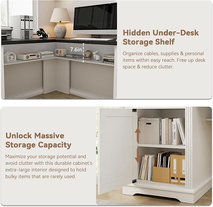 Farmhouse L Shaped Executive Desk with 4 Drawers, Home Office Desk with Hidden Under-Desk Storage Shelf and Charging Station, File Cabinet Storage, Wood Corner Computer Desk for Work(White+Black)