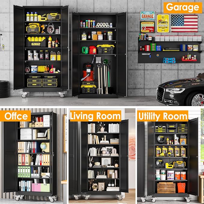 PAOFIN 75''H Metal Garage Storage Cabinet with Wheels,Steel File Cabinets with 2 Doors and 5 Adjustable Shelves for Home Office, Warehouse, Required Assembly,Black
